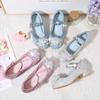 Girls' Blue Crystal Princess Heels - Spring/Autumn Non-Slip Fashion Shoes with Flower Detail for Kids