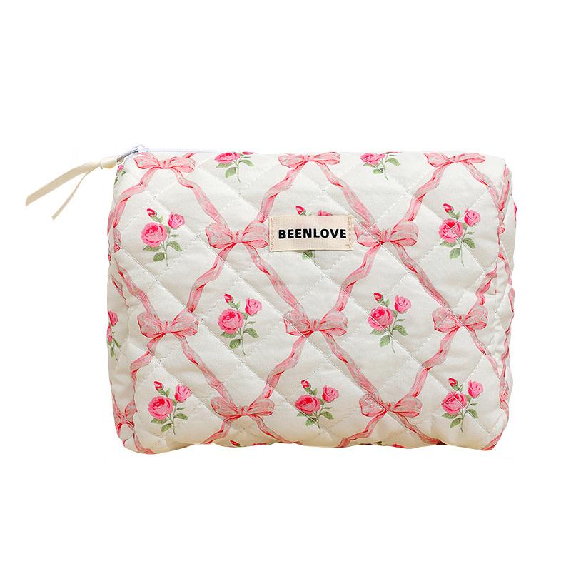 Women Bow Floral Pattern Sweet Beauty Case Fashion Polyester Portable Cosmetics Makeup Bag Skincare Lipstick Toilet Bag