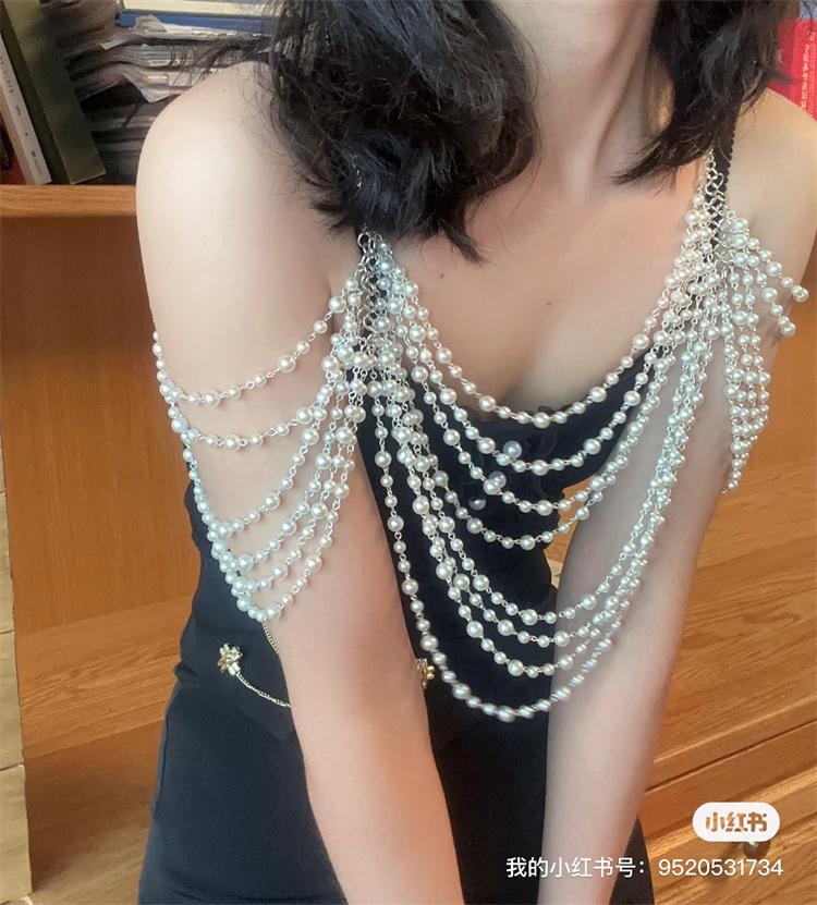 

Newest Exaggerated Nightclub Mesh Tassel Hollow Out Pearl Woman Sexy Body Chain For Bride