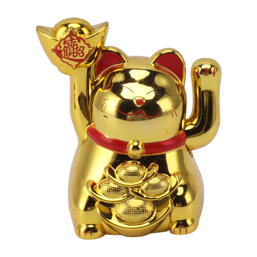 2in Solar Powered Waving Arm Lucky Cat Ornament Welcoming Waving Hand Wealth Fortune Cat Gold