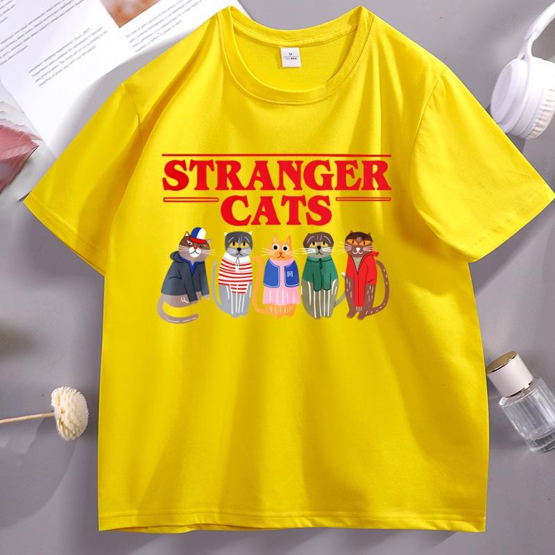 Stranger Cats T-Shirt Funny Printed Cotton Short Sleeve Loose Tee Shirt Soft High Quality O Neck Tshirt Breathable Casual Tops