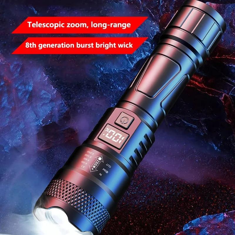 Portable rechargeable LED flashlight, high-power flashlight, zoom flashlight, suitable for outdoor camping, fishing, hiking, cold resistance