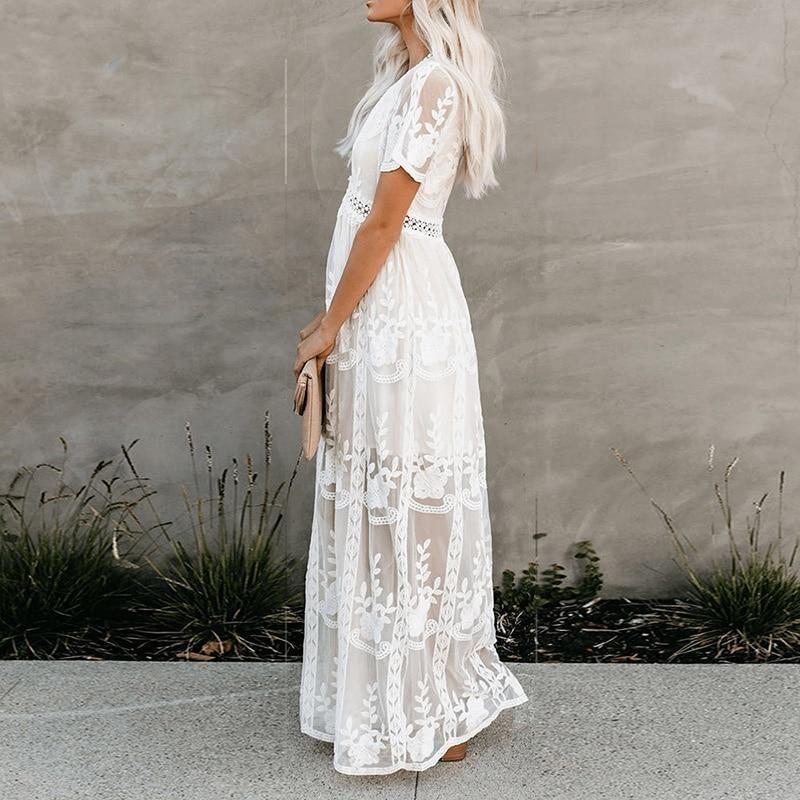 Women's Elegant V-neck Short-sleeved Lace Bride Long Dress Long Dress Wedding Bridesmaid Party Dress