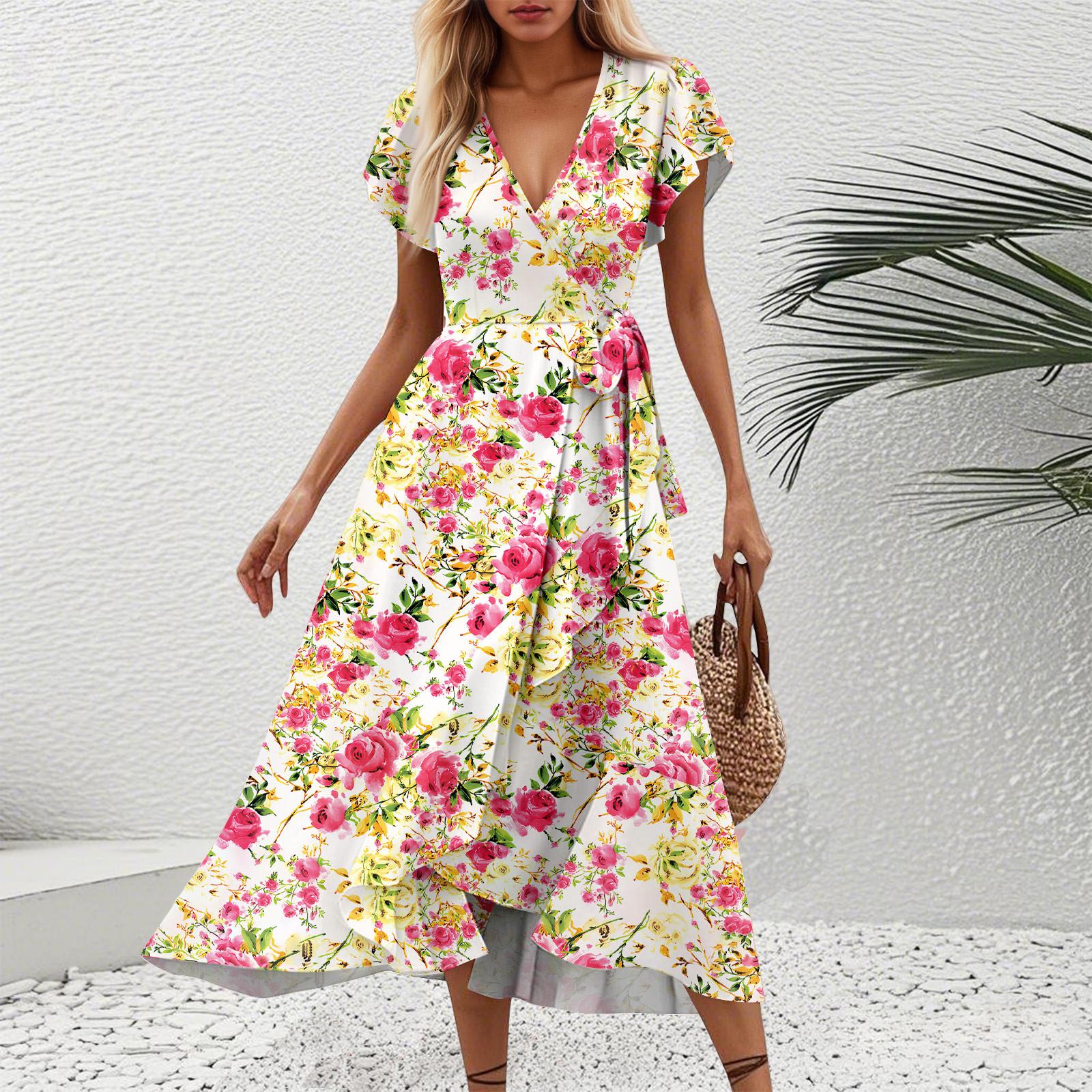

Женские платья с V-образным вырезом, приталенным цветочным принтом и коротким рукавом L