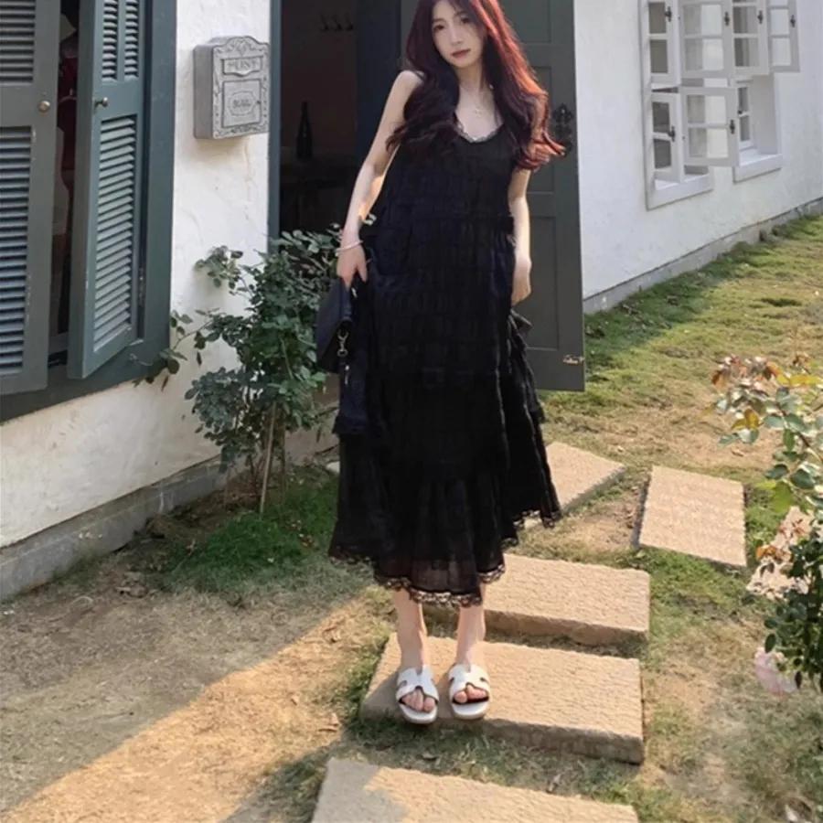 

Летние женские длинные винтажные повседневные оборки элегантные макси-бретельки майки шелковистые пляжные кружева элегантные вечерние платья Vestidos сексуальные женщины XS чёрный