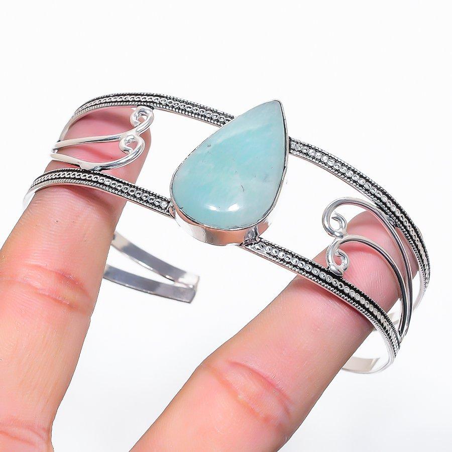 Natural Aquamarine Gemstone 925 Sterling Silver Cuff Bangle Adjustable N9d43
