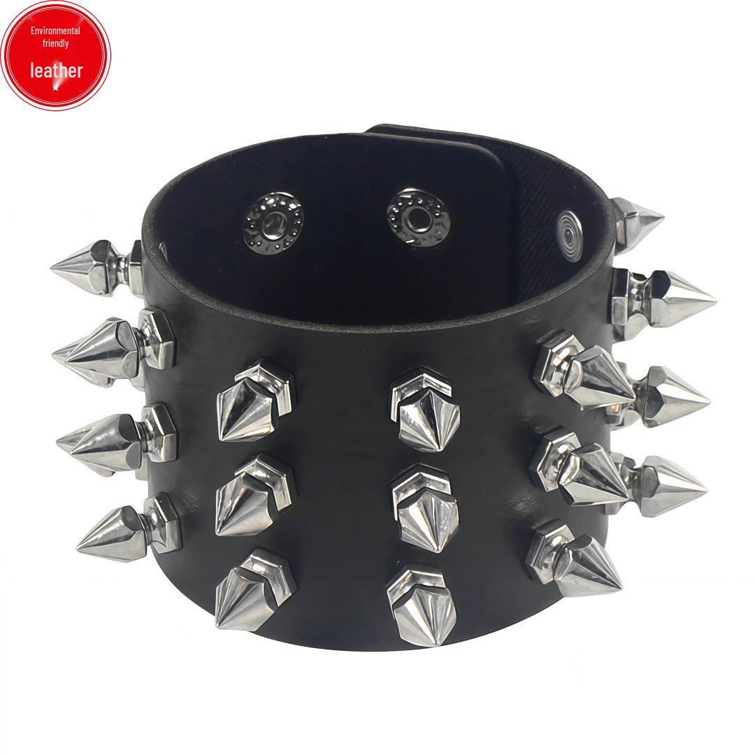 Экологичный ПУ-кожаный Харадзюку Панк Браслет с Шипами-Конусами и Трехрядными Цепями чёрный