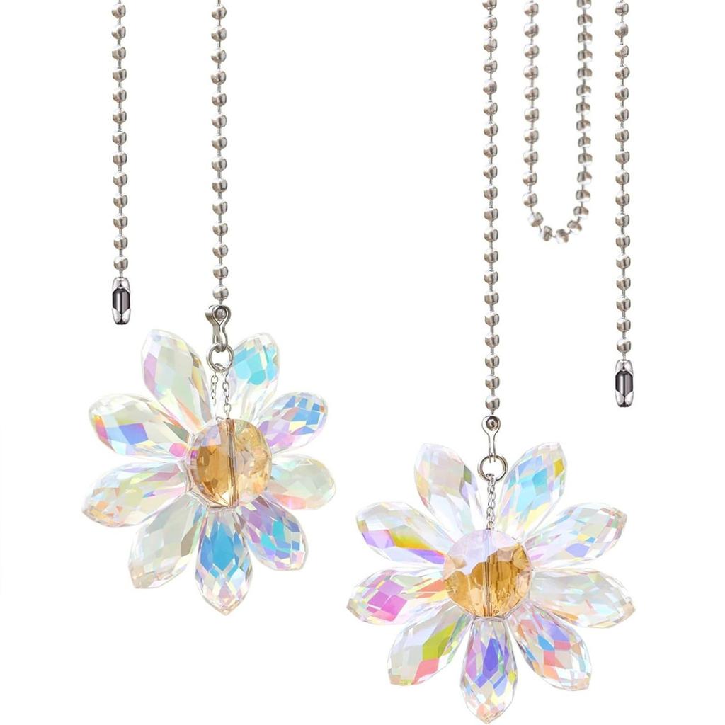 2Pieces Fashionable Crystals Glass Flower Ceiling Fan Pull Chain Set Extenders for Home Decoration In Vibranting Color
