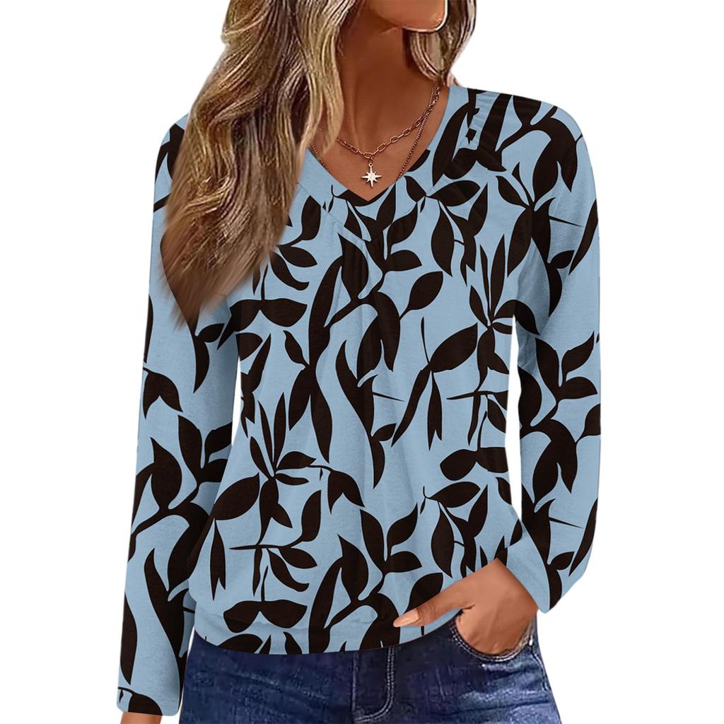 Top Casual de Moda para Mujer con Cuello en V, Manga Larga Raglán Plisada con Estampado Floral