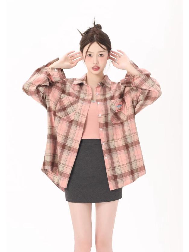 

Осень 2025 Ретро Гонконгский Стиль Женская Клетчатая Куртка-Рубашка - Свободного Кроя, С Длинным Рукавом, Шикарный Кардиган M розовый