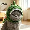 Breathable Pet Accessory for Photos Cute Dinosaur Hat Cats, Soft Plush Funny Cat Headwear Functional Grooming with Shark Design, Novelty Green Costume