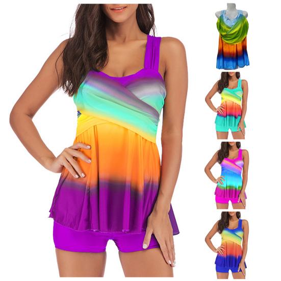 2Pcs/Set Backless Swimsuit Sexy Plus Size Rainbow Print Tankini Set for Beach