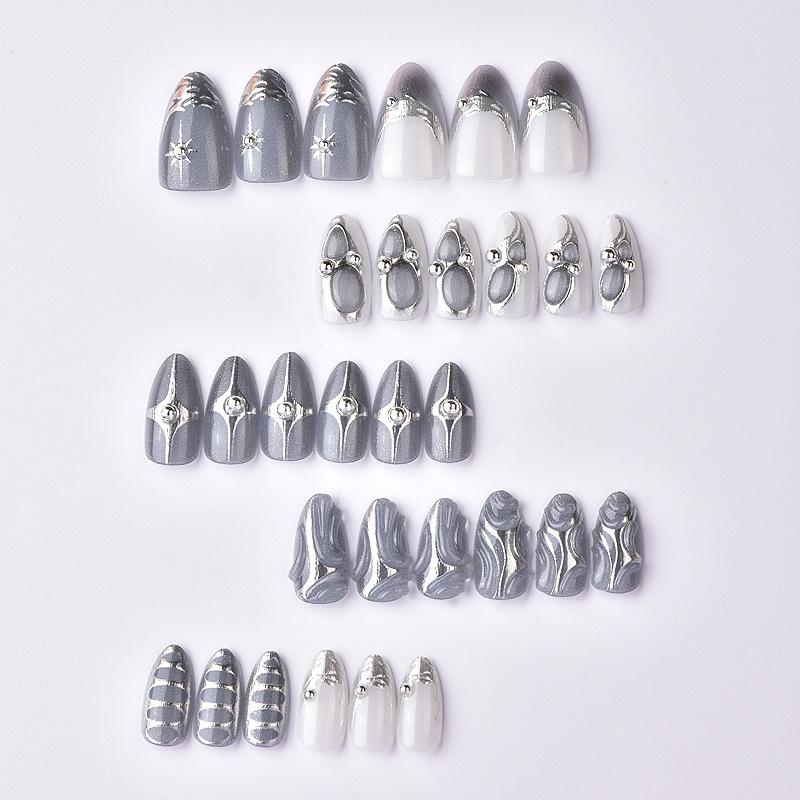 Three-dimensional Epoxy Almond Wearing Nail Dark Grey Embossed Metal Star Handmade Point Diamond Nail Art