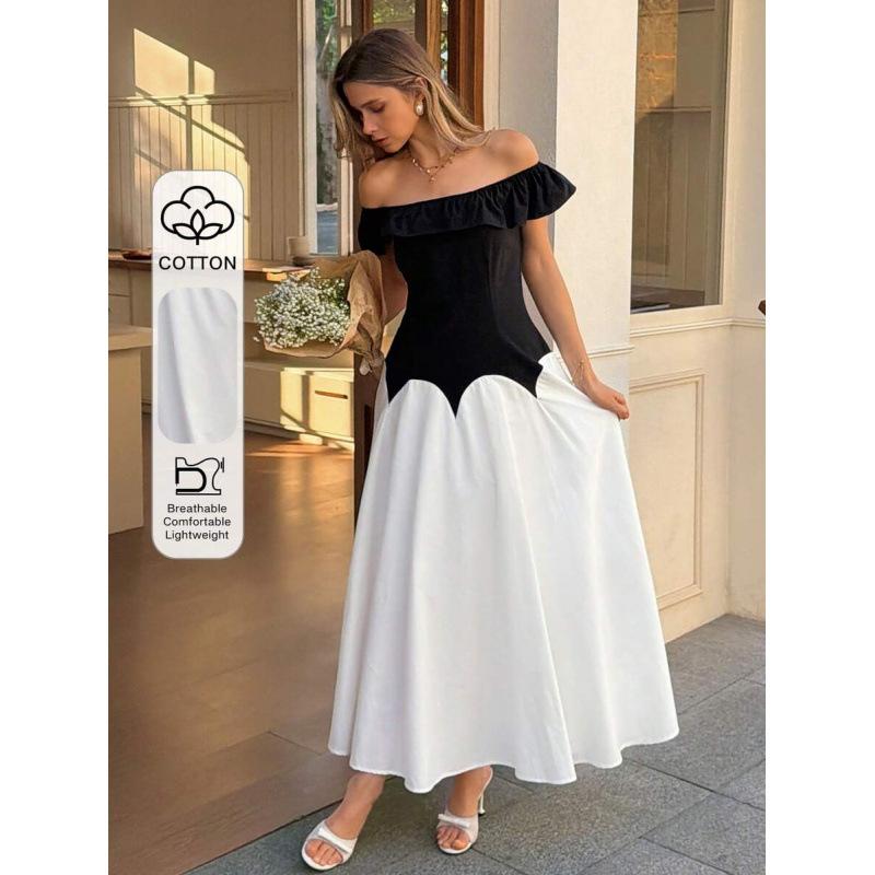 European goods summer contrasting color splicing design sense flower bud lotus leaf edge square collar flying sleeve dress women S чёрный
