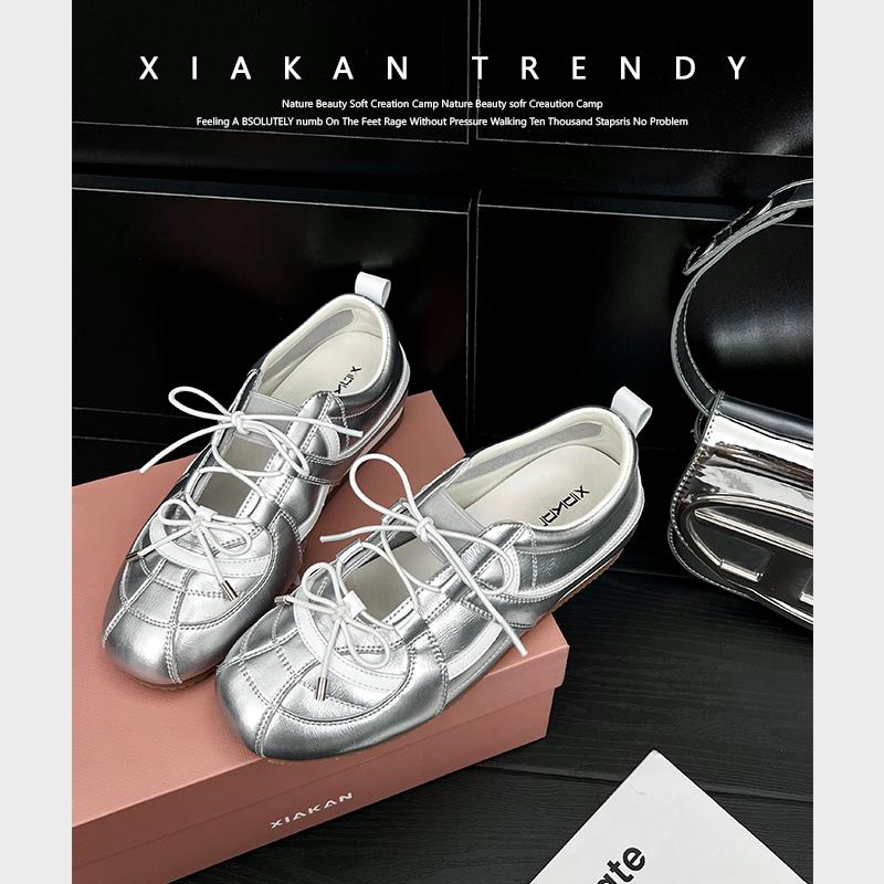Silver Mary Jane shoes, lazy single shoes, soft soles are not tired feet 2025 new models, inner height increase 5cm ballet training shoes for women