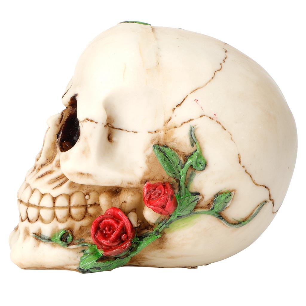 Horrible Resin Skull Skeleton with Rose Flower Crafts for Halloween Festive Home Decoration