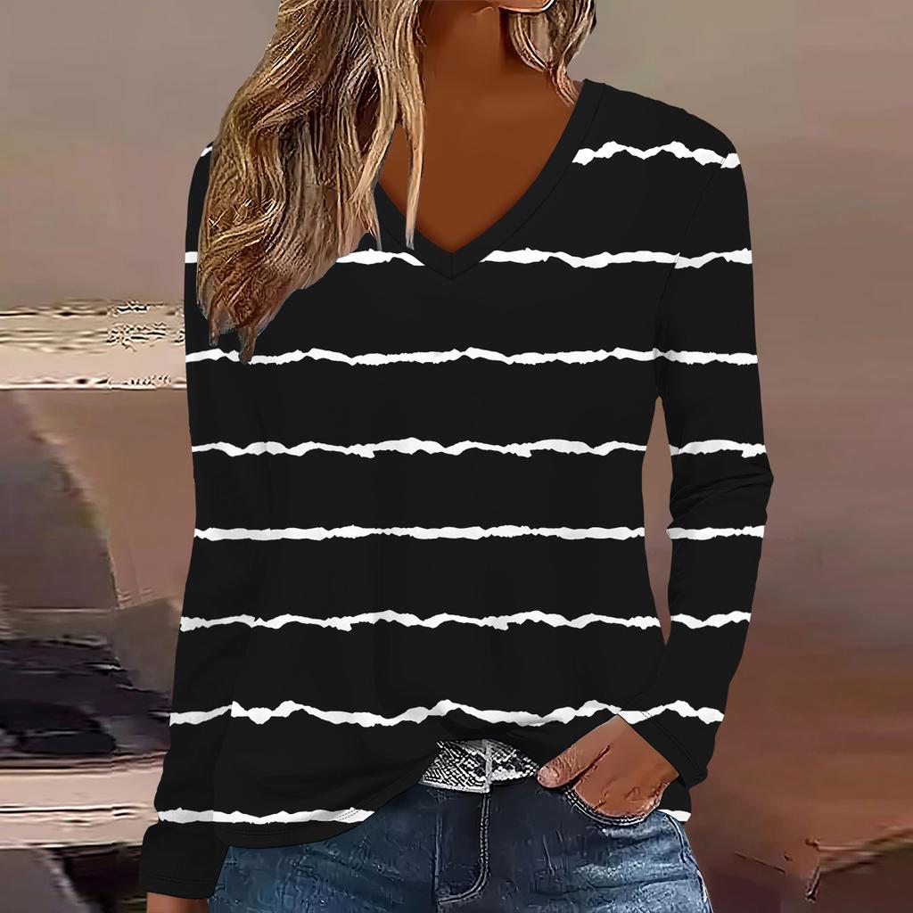 Übergröße Europäische und Amerikanische Mode 2025 Damen Elegantes V-Ausschnitt Langarm T-Shirt