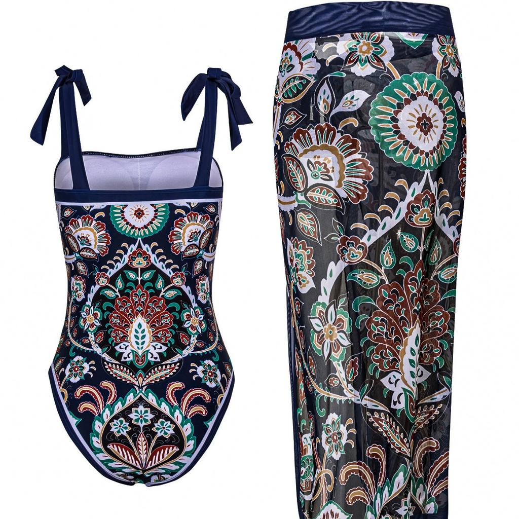Printed Tie Back Sexy One Piece Bikini Swimsuit Two Piece Set With Cover Up Fashion Elegant Beach Vacation Outfit