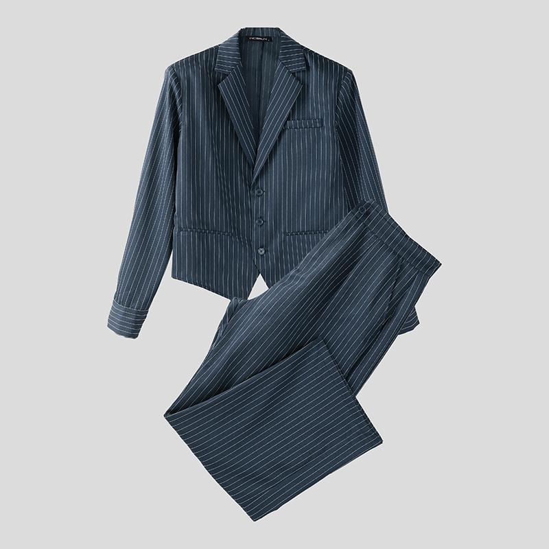 

INCERUN Two Pieces Men Lapel Long Sleeve Striped Cropped Blazer Long Suit Pants Sets XL