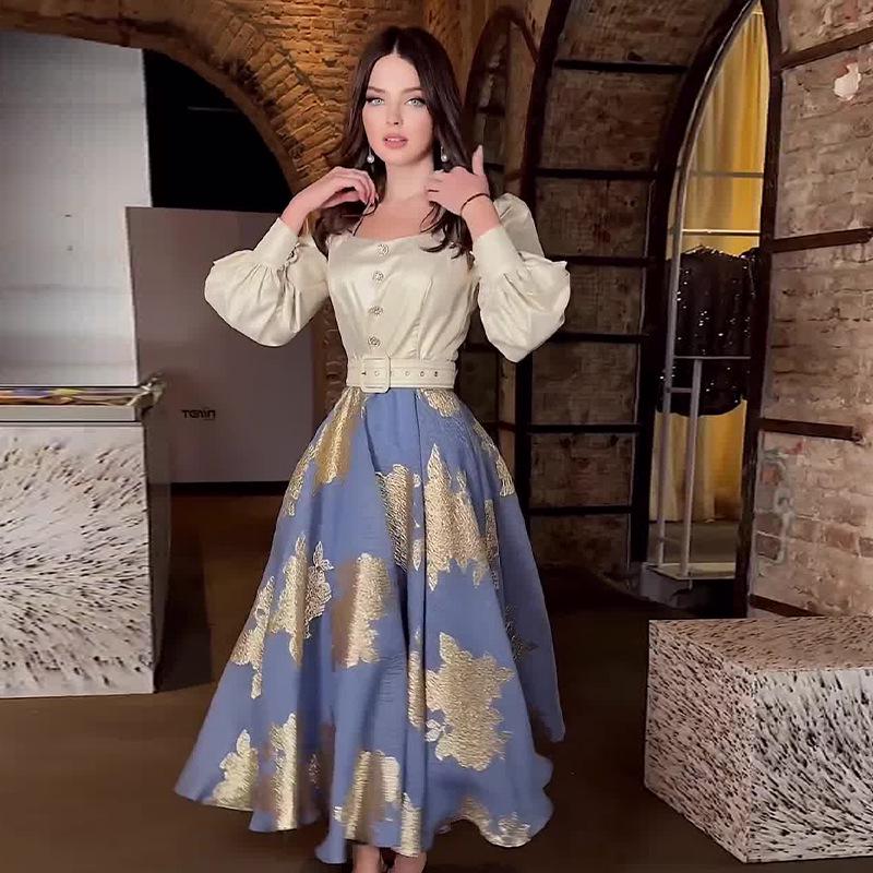 Dámská podzimní evropská a americká jednobarevná halenka a potištěná midi sukně, dvoudílný set