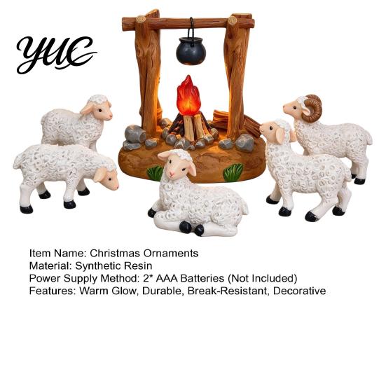 Christian Gift for Family Christmas Nativity Scene Set with LED Lighted Campfire, Resin Manger Stable Figurine, Religious Figurine Wooden Look