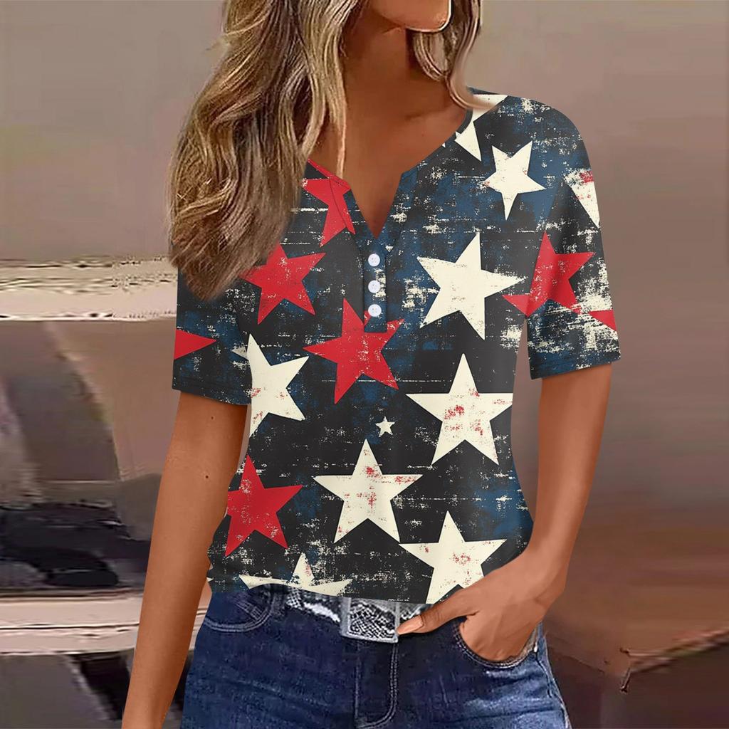 Women's T Shirt Tee Independence Day Print Button Short Sleeve Daily Weekend Fashion Basic V-Neck Regular Top