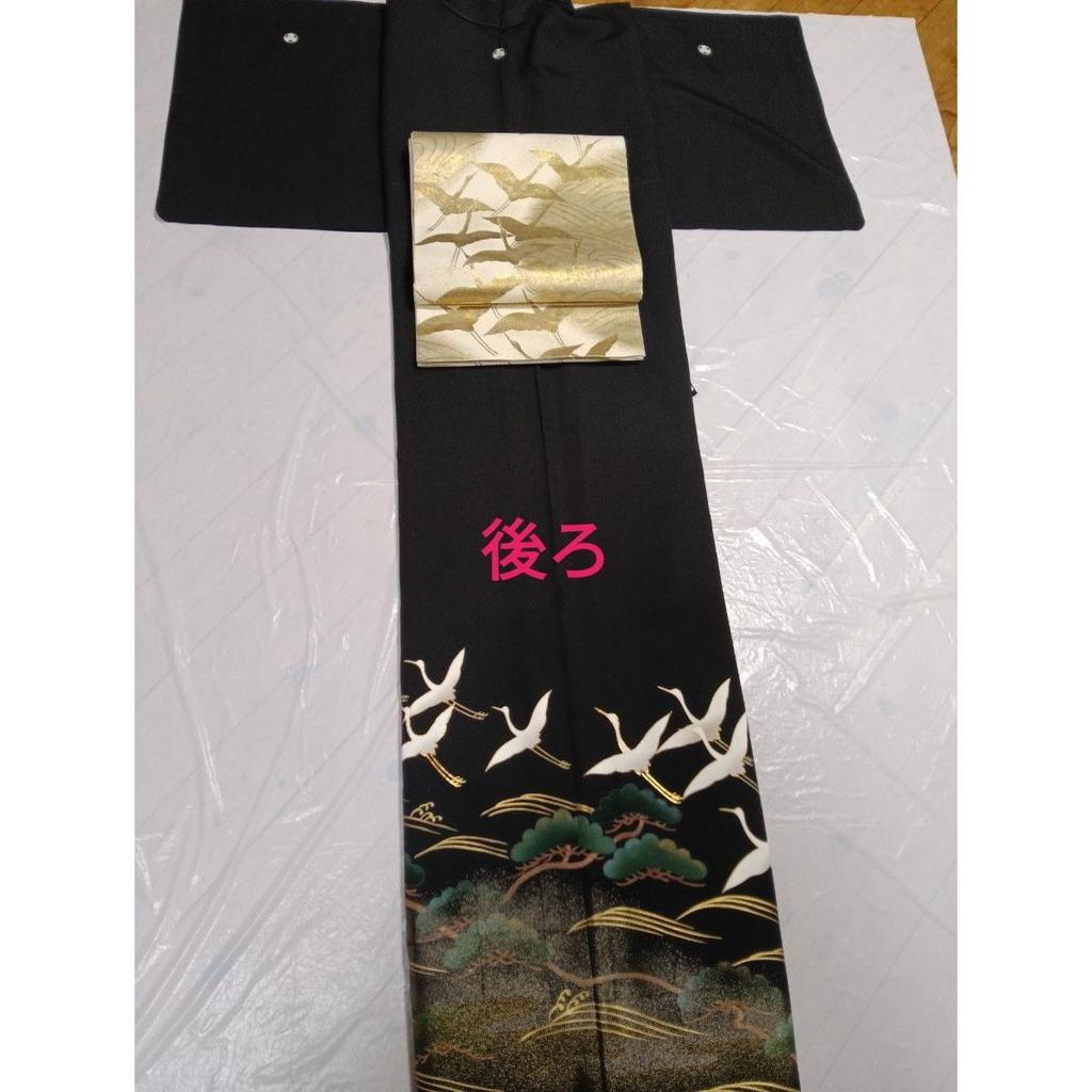 Used Black Tomesode, Pure Silk, Piece Embroidery, Flying Crane Hamamatsu Pattern, Five Crest Hiyori Tailoring, Fukuro Obi Pure Silk, Mitsukoshi
