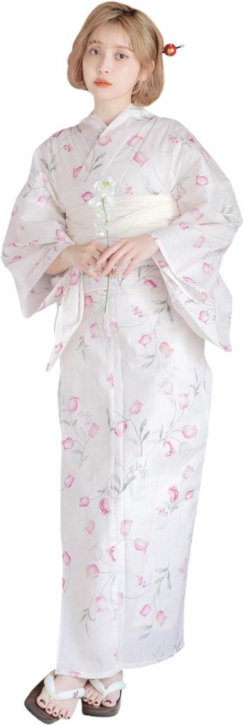 Dita Yukata Set with Heko Obi In Pink and White with a Lily of the Valley Floral and Watercolor Girly Easy To Dress by Yourself Sakura Blossom Lily of