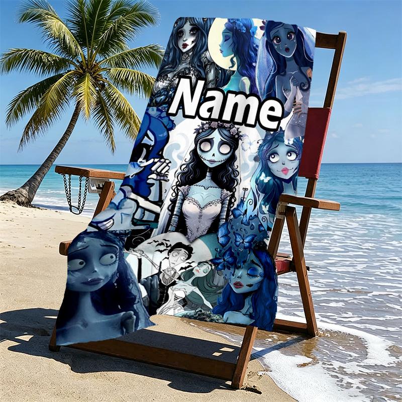 Custom Name Personalized Corpse Bride Print Beach Towel, for Trip Camping Beach Party Home Decor, Birthday Gift for Family & Friends