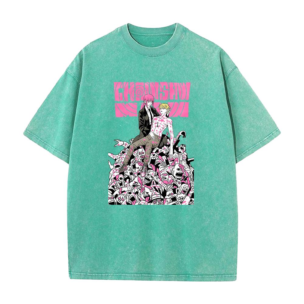 Anime Chainsaw Man Tshirt Denji Makima Print T Shirt Men Women Clothing Short Sleeve Cotton Tee Vintage Washed Oversized Tshirt