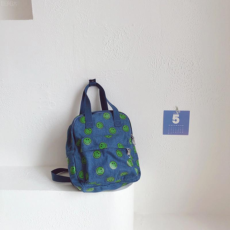 Stylish And Durable Canvas Childrens Backpack With Fun Smiley Print For Daily Use