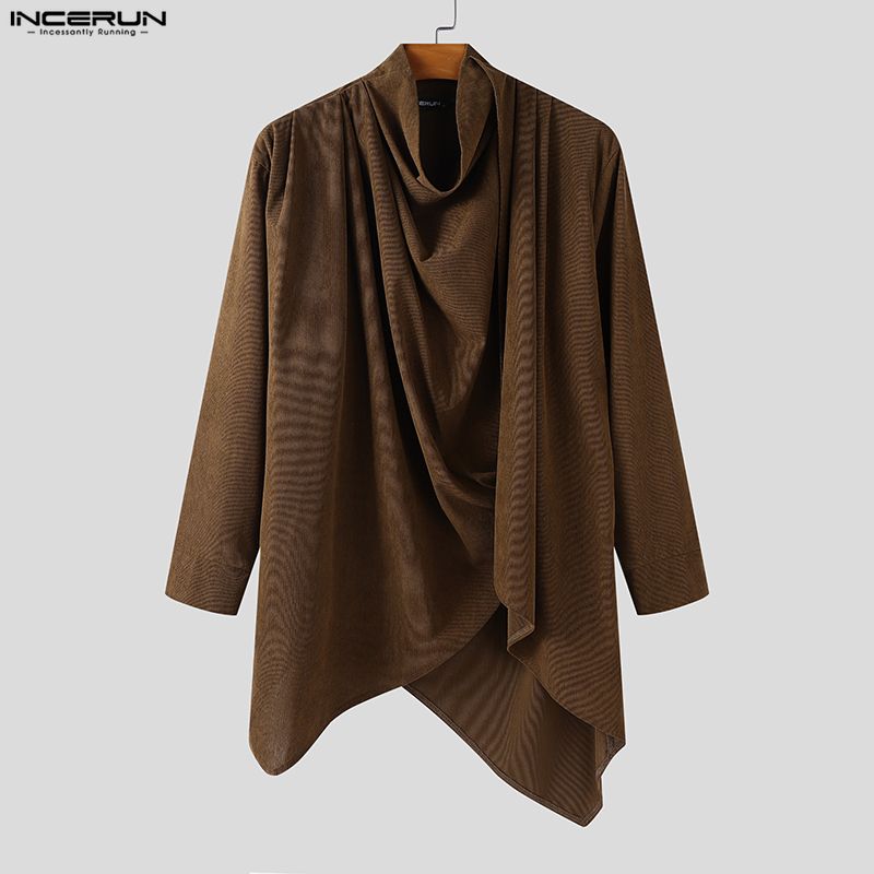 INCERUN Pánské podzimní topy a trička s dlouhým rukávem, s neobvyklým volným žebrovaným střihem a výstřihem s klopou