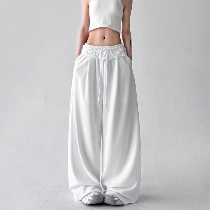 Lace Splicing Jazz Dancing Fart Curtain Pants Niche Loose and Thin Black Sports Casual Wide-leg Pants Black Wide-leg Pants