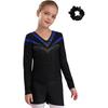 Girls Long Sleeve V Neck Rhinestones Contrast Color Leotard Waistband Shorts Hairband Dance Set