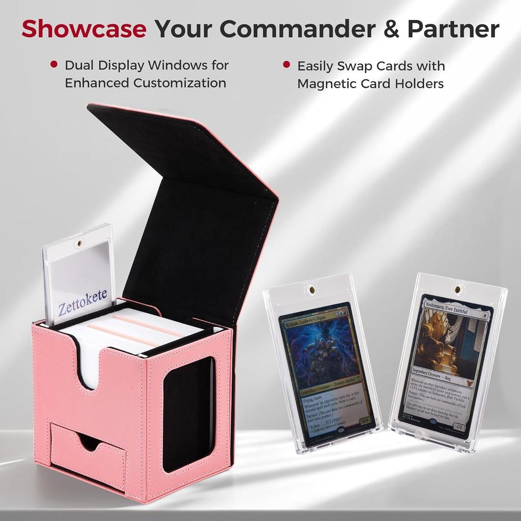 MTG Commander Deck Box with Dual Commander Display, Patented Card Deck Box Fits 100 Double-Sleeved Cards, MTG Card Case with Dice Tray, 2 Dividers, 2