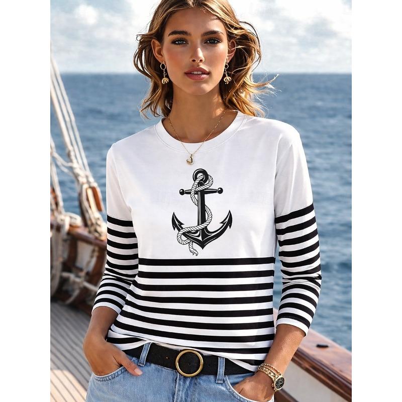

Women s T Shirt Print Graphic Geometric Ocean Vintage Fashion Stylish Long Sleeve Crew Neck Regular Tops 5XL