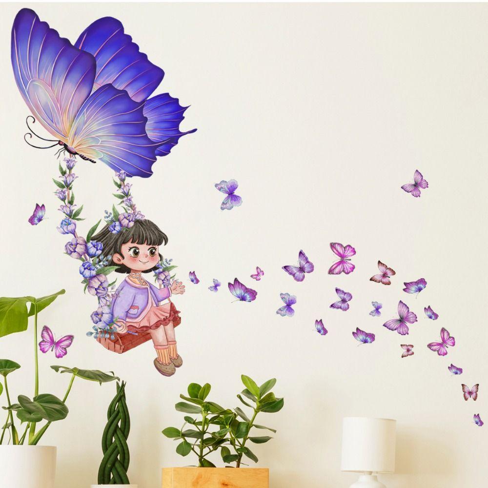 Cartoon Girl Wall Stickers Butterflies Flower Wall Decorative Sticker NEW Wall Decal Girl Bedroom