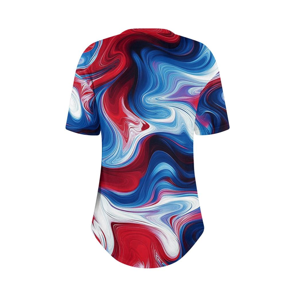 Short Sleeve Womens Tops Summer T-Shirts Print V Neck Casual Basic Tee Button Shirts Tunic Tops Independence Day