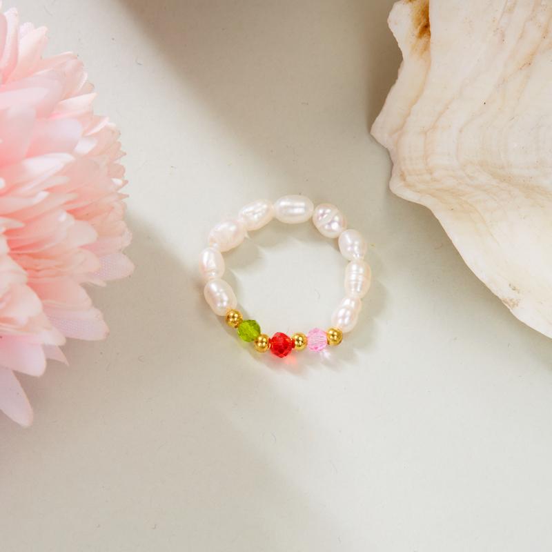 Eleganter Ring mit Imitationsperlen und bunten Kristallen für Damen Minimalistischer elastischer Perlen-Knöchelring Sommer Strandparty Schmuck