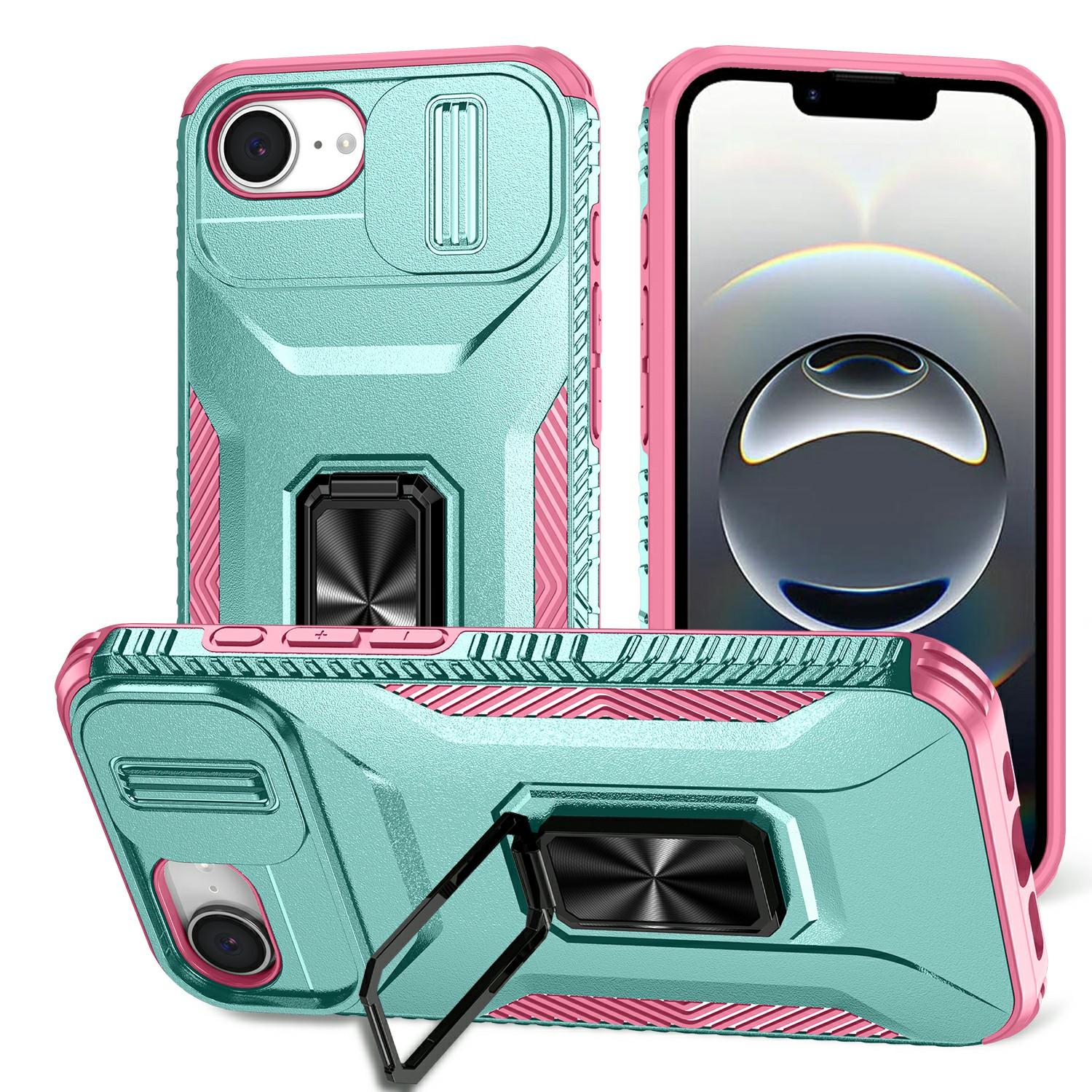 

For iPhone 16e Case Camshield Kickstand TPU+PC Anti-Slip Phone Cover Grey Green/Pink