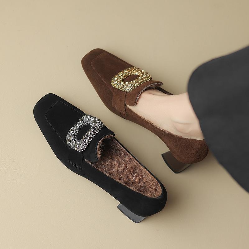 Women's Brown & Black Plush Lined Loafers: Velvet, Square Toe, Chunky Mid-Heel, Deep Mouth Design, Autumn/Winter.
