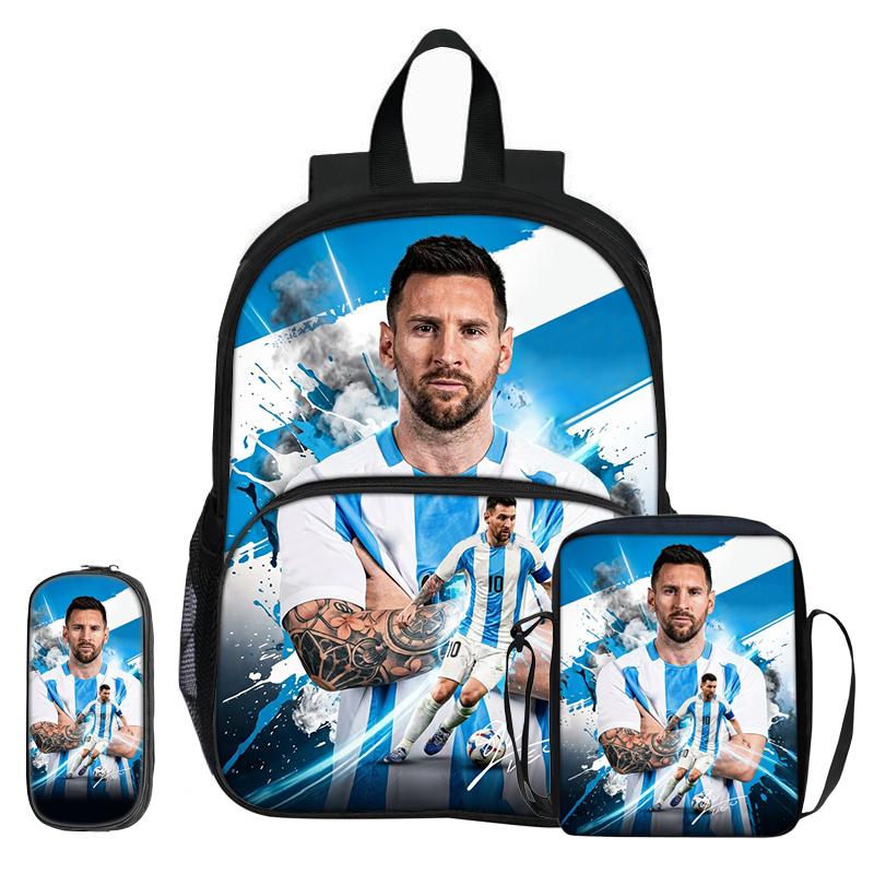 M-Messi 3Pcs Set with Front Pocket Backpack Football Sports Shoulder Bags Football Star Pencil Bag Student School Bags Rucksack
