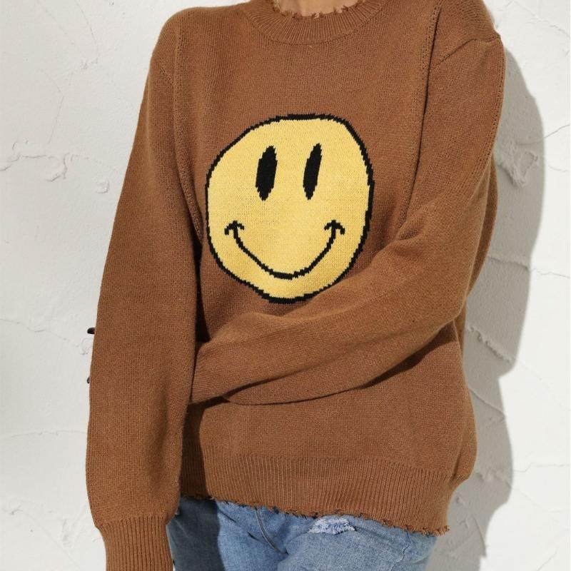 

Женский осенне-зимний темпераментный свободный вязаный джемпер с круглым вырезом и смайликом XL верблюд