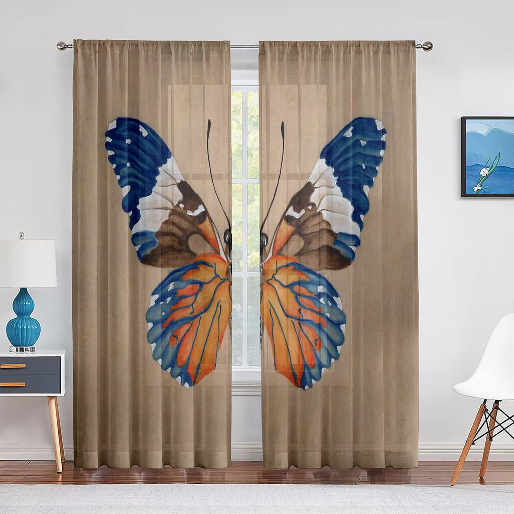 Spring Blue Floral Butterfly Sheer Curtain for Living Room Bedroom Home Kitchen Chiffon Tulle Curtains Window Treatment Decor