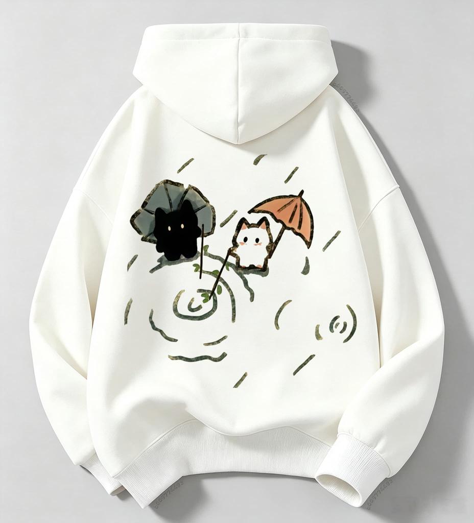Cute cartoon cat rain umbrella print children's hooded sweatshirt for boys and girls, street-style pullover hoodie for kids