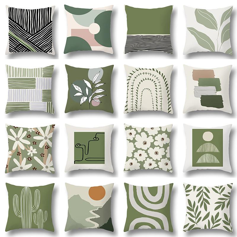 Nordic Abstract Green Geometric Pillowcase Flower Print Home Petal Velvet Pillow Cushion Cover