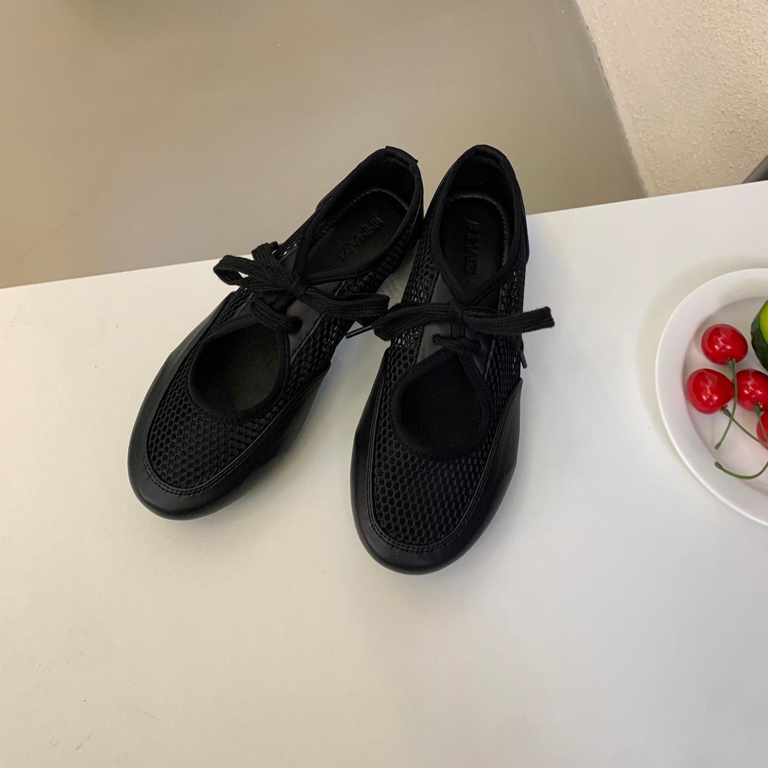 

Summer Round Head Flat Bottom Splicing Hollow Lace-Up Mary Jane Single Shoes Casual Versatile Soft Sole Women S Shoes 39 чорний