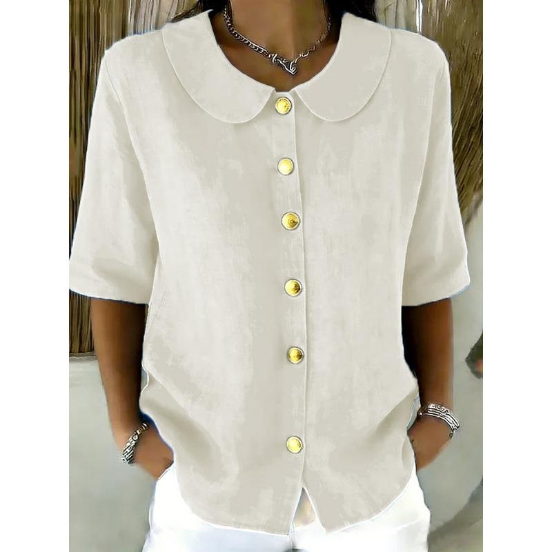 Elegant Commuting Loose Solid Button Half Sleeve Shirt For Women