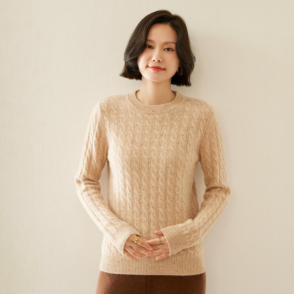 Cashmere Women's Round Neck Cable Knit Sweater - 2025 Autumn/Winter Retro Loose Slimming Pullover.