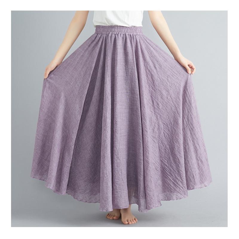 QICED Forest Girl's Artistic Plus-size Cotton and Linen Skirt, Elastic Waist A-line Skirt, Long Solid Color Ethnic Style Large Skirt, 24 Colors